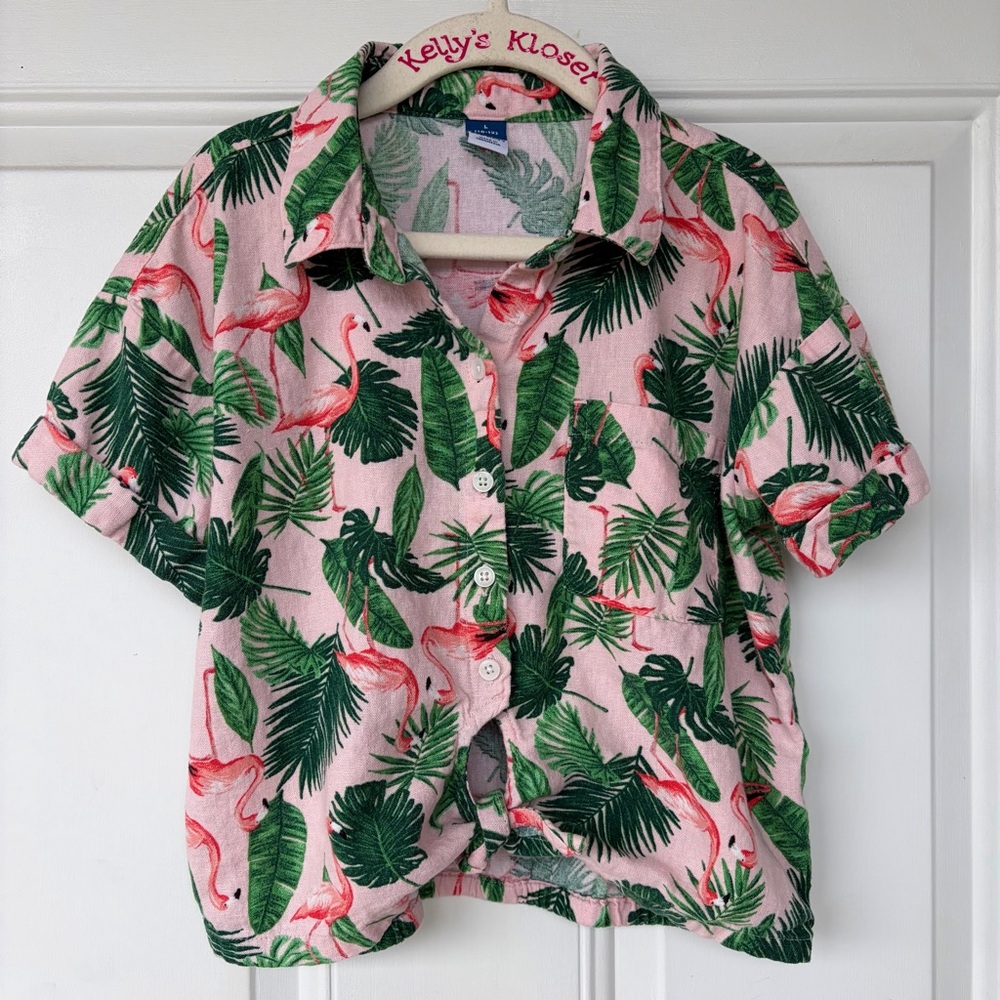 •Old Navy• Girls Linen Blend Flamingo Button Front Top - Size L (10-12)
